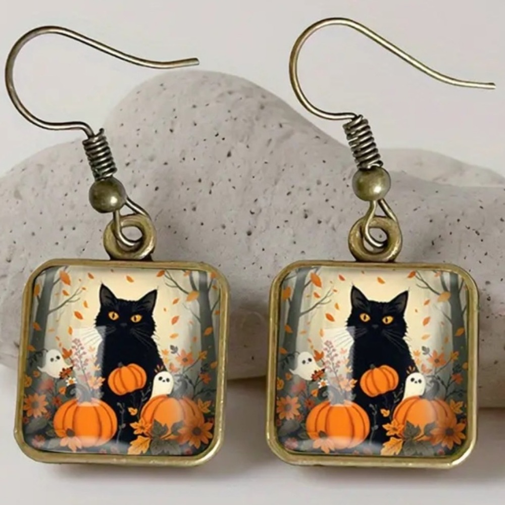 Cute Black Cat 🐈‍⬛ Fall Leaves & Pumpkin Earrings